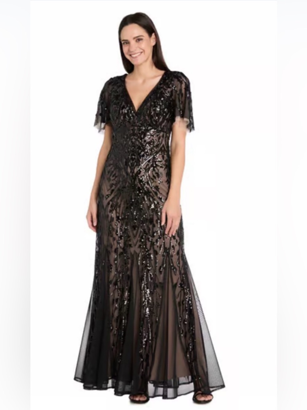 Plus Size 14  R&M Richards Flutter Sleeve V-Neck Sequin Evening Gown